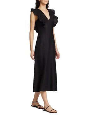 Rails Constance Linen Midi Dress Black Ruffled V-Neck Back Tie